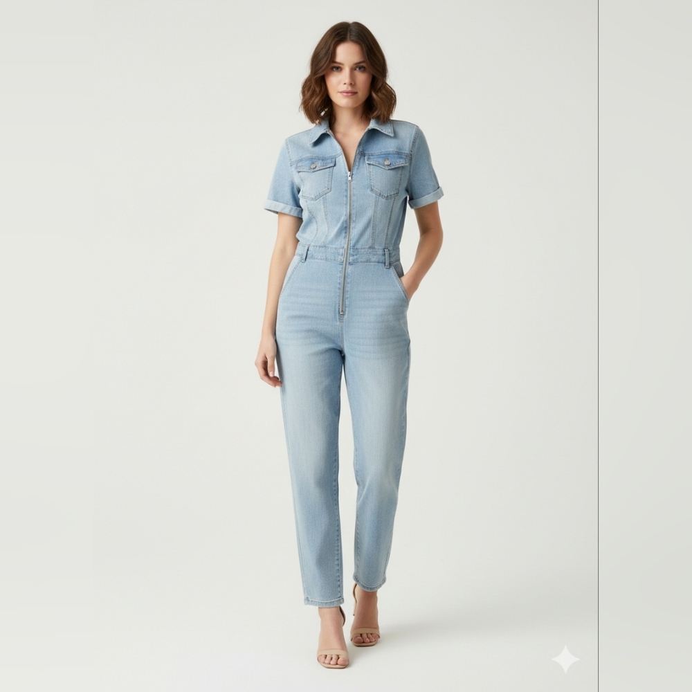 Celebrity Pink Light Blue Denim Jumpsuit